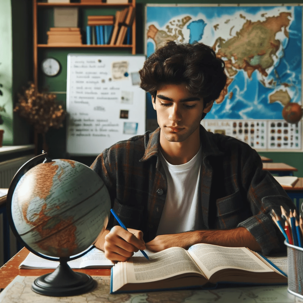 DALL·E 2023-11-19 19.47.30 - A high school student studying social studies in a classroom. The student is sitting at a desk, looking at a globe and a textbook about world history